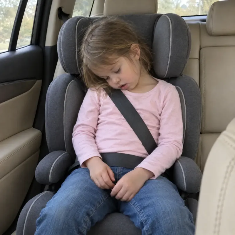 Child asleep in a booster seat with the seat belt on, head tipped over to one side